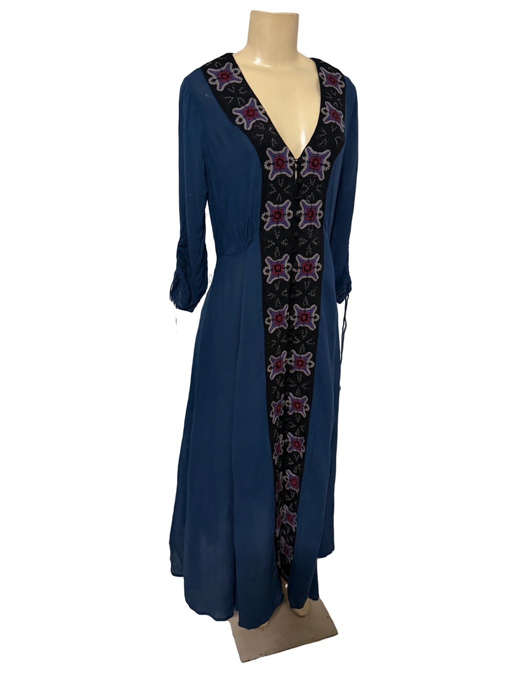 Free People Journey To Horizon maxi embroidered  v neck dark blue dress modest 6 - Picture 4 of 13